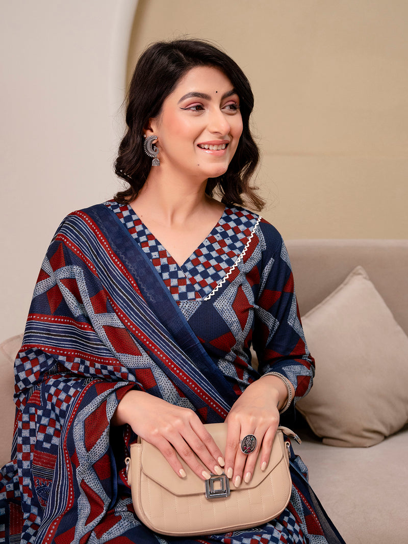 Bordered V-Neck 3-Piece Kurta Set with Ankle-Length Pants & Full-Length Dupatta (M–XXL)