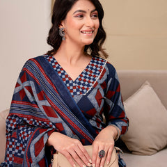 Bordered V-Neck 3-Piece Kurta Set with Ankle-Length Pants & Full-Length Dupatta (M–XXL)