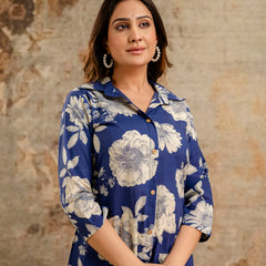 Blue Women’s Co-Ord Set–Printed Collared Kurta with 3/4 Sleeves & Elastic Waist Pants