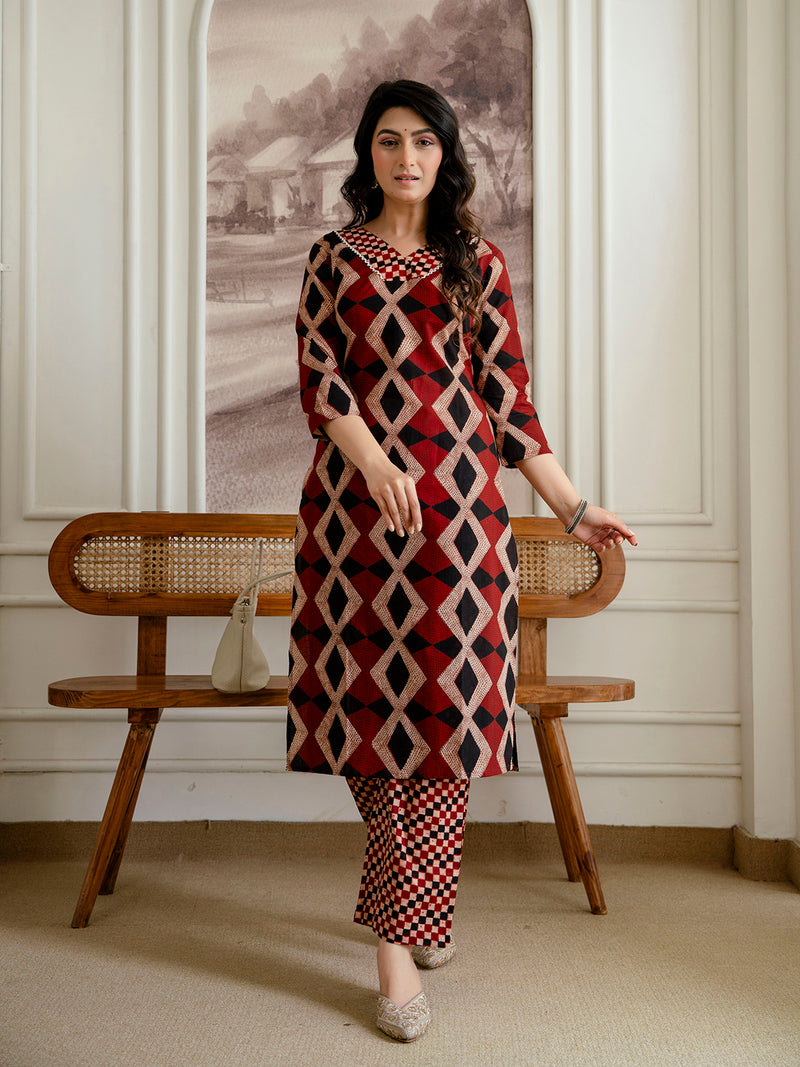 Bordered V-Neck 3-Piece Kurta Set with Ankle-Length Pants & Full-Length Dupatta (M–XXL)