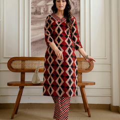 Bordered V-Neck 3-Piece Kurta Set with Ankle-Length Pants & Full-Length Dupatta (M–XXL)