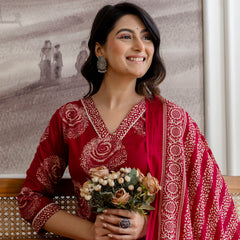 Bordered V-Neck 3-Piece Kurta Set with Ankle-Length Pants & Full-Length Dupatta (M–XXL)