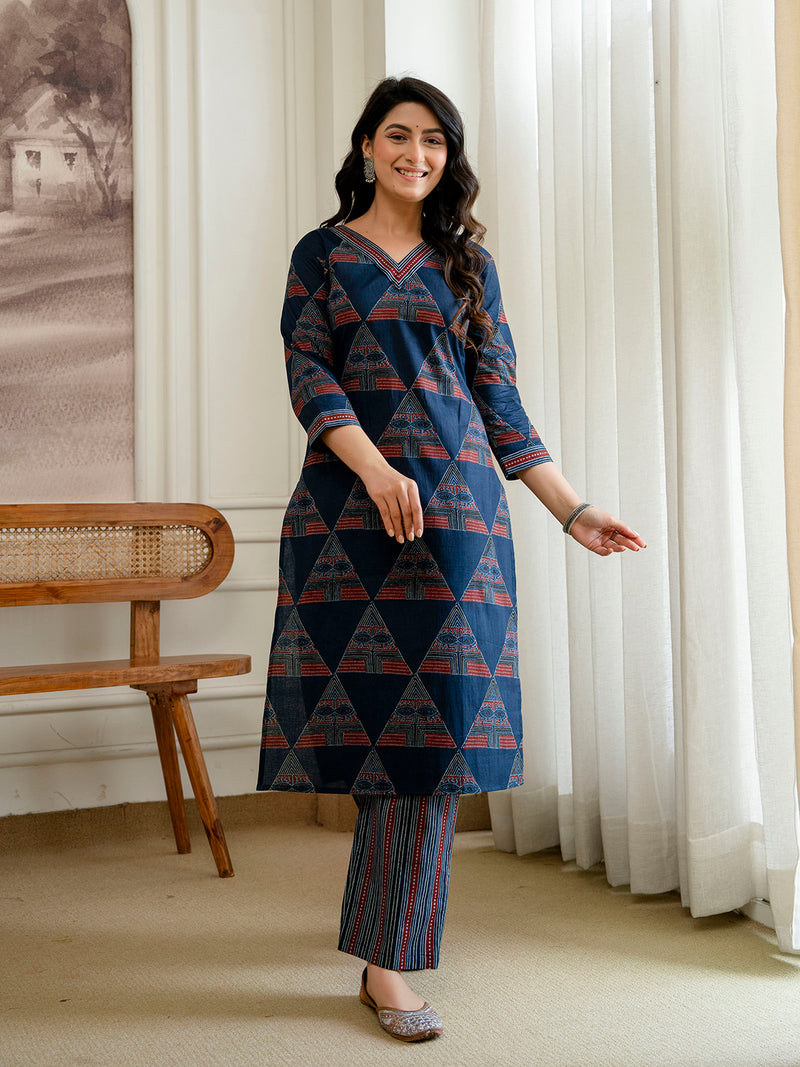 Bordered V-Neck 3-Piece Kurta Set with Ankle-Length Pants & Full-Length Dupatta (M–XXL)
