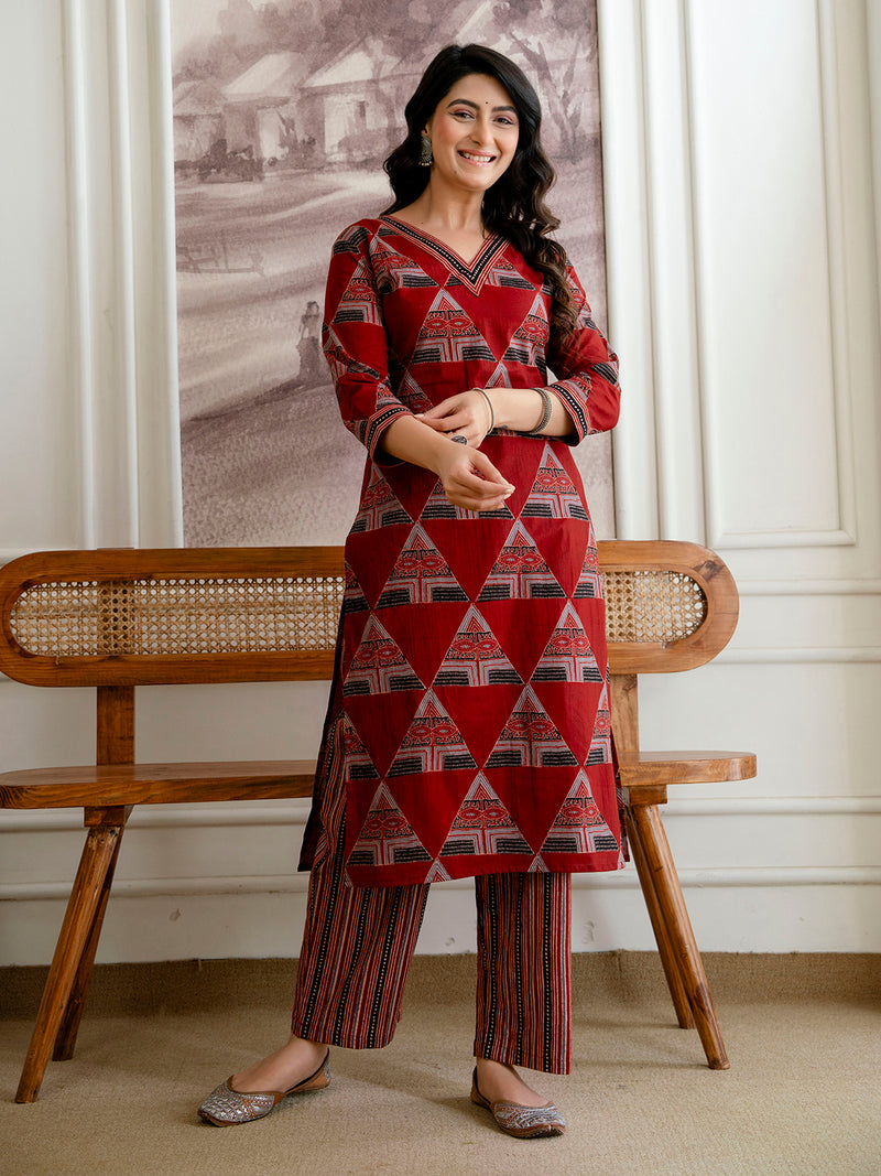 Bordered V-Neck 3-Piece Kurta Set with Ankle-Length Pants & Full-Length Dupatta (M–XXL)