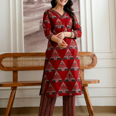 Bordered V-Neck 3-Piece Kurta Set with Ankle-Length Pants & Full-Length Dupatta (M–XXL)