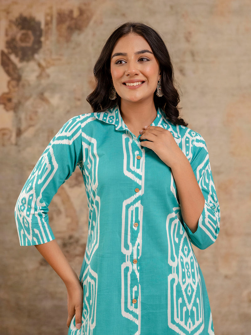 Light Green Women’s Co-Ord Set–Printed Collared Kurta with 3/4 Sleeves & Elastic Waist Pants