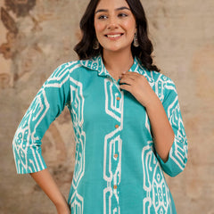 Light Green Women’s Co-Ord Set–Printed Collared Kurta with 3/4 Sleeves & Elastic Waist Pants