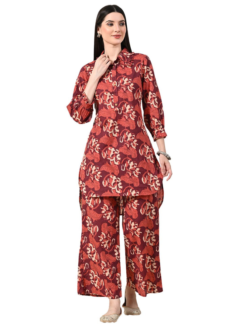 Maroon Elegant Collared Co-Ord Set with Frill Detail & Elasticated Pants