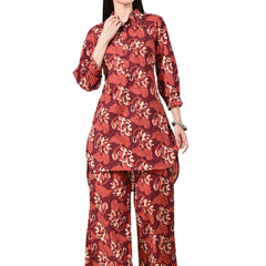 Maroon Elegant Collared Co-Ord Set with Frill Detail & Elasticated Pants