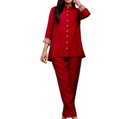Maroon Women's Embroidered Co-ord Set - Viscose Fabric Full Sleeve Shirt and Pant