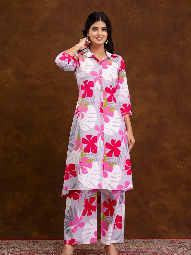 Grey Women’s Co-Ord Set–Printed Collared Kurta with 3/4 Sleeves & Elastic Waist Pants