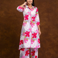 Grey Women’s Co-Ord Set–Printed Collared Kurta with 3/4 Sleeves & Elastic Waist Pants