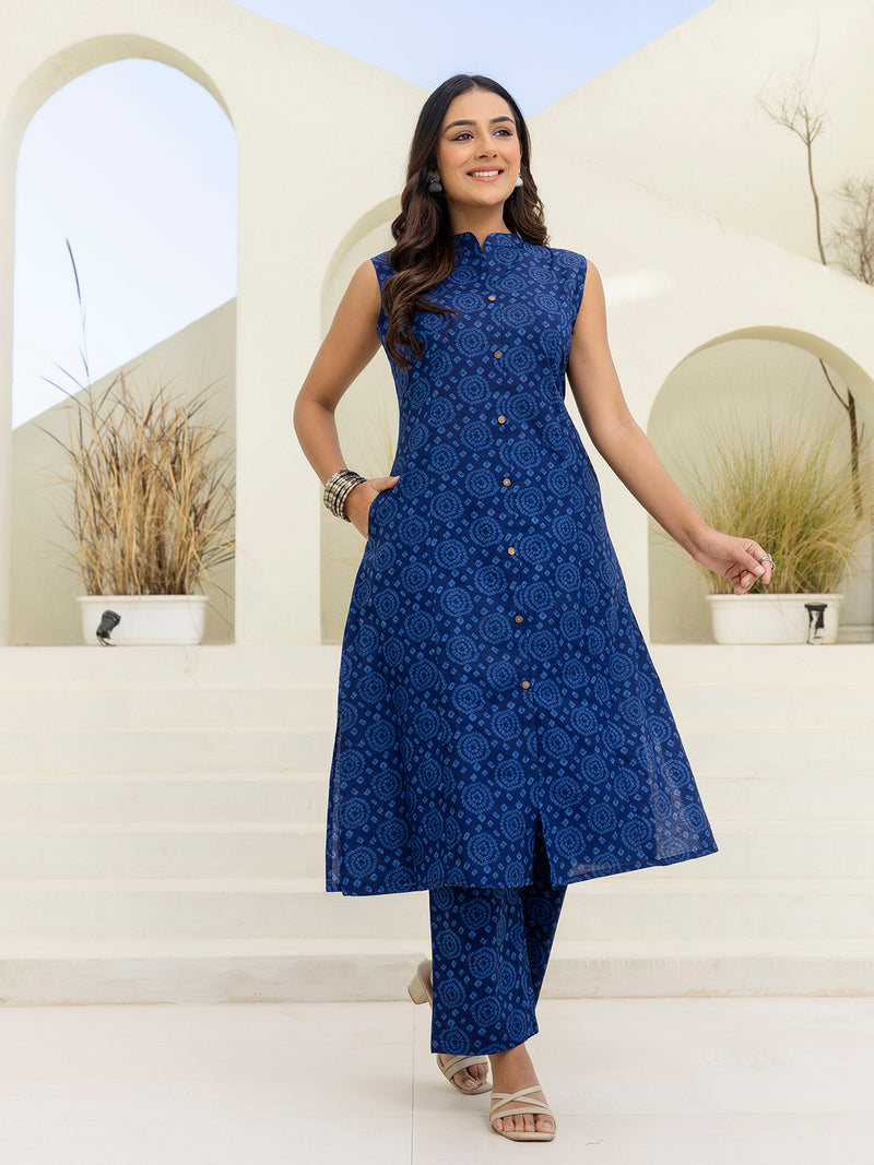Luxury Mandarin Collar Printed Co-Ord Set with Button Detail A-Line Kurta & Comfort Fit Pants
