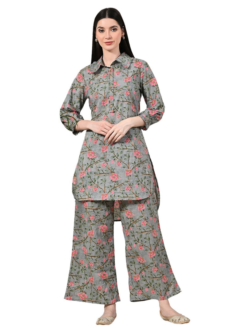 Grey Elegant Collared Co-Ord Set with Frill Detail & Elasticated Pants