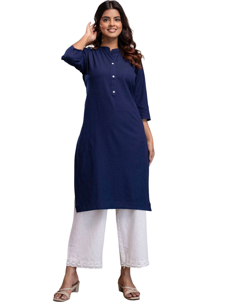 Women’s Solid Long Kurti with Mandarin Collar, 3/4 Sleeves & Pocket | Plain Elegant Cotton Kurta for Daily & Office Wear