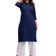 Women’s Solid Long Kurti with Mandarin Collar, 3/4 Sleeves & Pocket | Plain Elegant Cotton Kurta for Daily & Office Wear