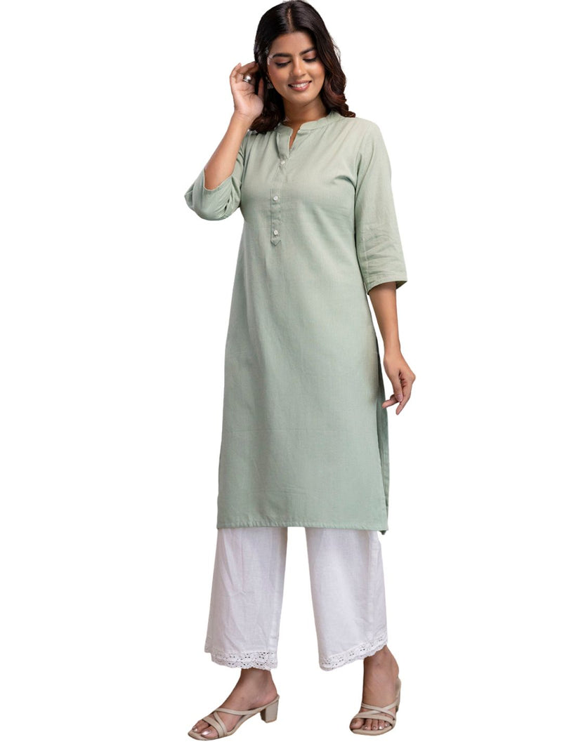 Women’s Solid Long Kurti with Mandarin Collar, 3/4 Sleeves & Pocket | Plain Elegant Cotton Kurta for Daily & Office Wear