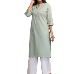 Women’s Solid Long Kurti with Mandarin Collar, 3/4 Sleeves & Pocket | Plain Elegant Cotton Kurta for Daily & Office Wear