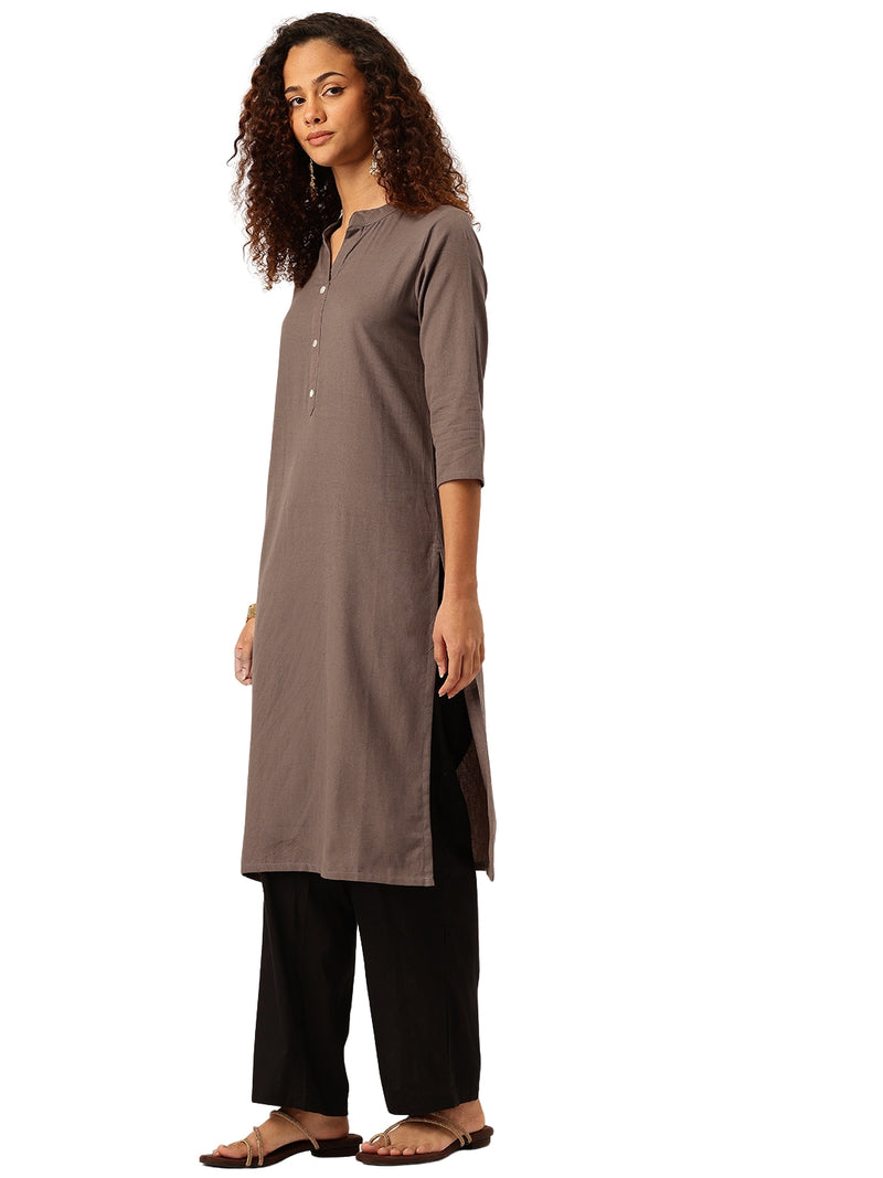 Women’s Solid Long Kurti with Mandarin Collar, 3/4 Sleeves & Pocket | Plain Elegant Cotton Kurta for Daily & Office Wear