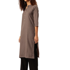 Women’s Solid Long Kurti with Mandarin Collar, 3/4 Sleeves & Pocket | Plain Elegant Cotton Kurta for Daily & Office Wear