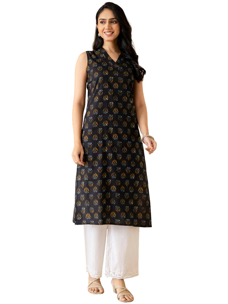 Elegant Sleeveless Cotton Printed Straight Kurta with Refined V-Neckline