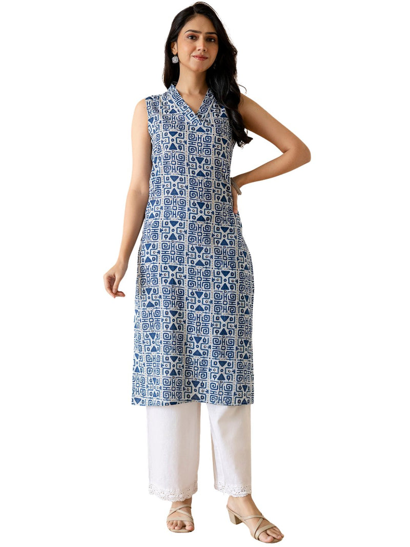 Elegant Sleeveless Cotton Printed Straight Kurta with Refined V-Neckline