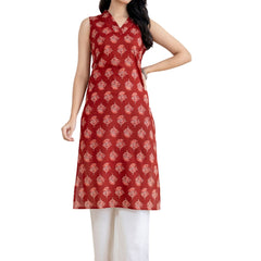Elegant Sleeveless Cotton Printed Straight Kurta with Refined V-Neckline