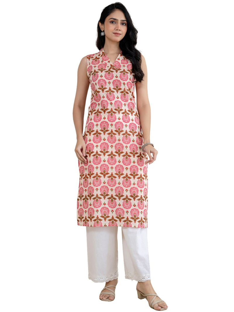Elegant Sleeveless Cotton Printed Straight Kurta with Refined V-Neckline