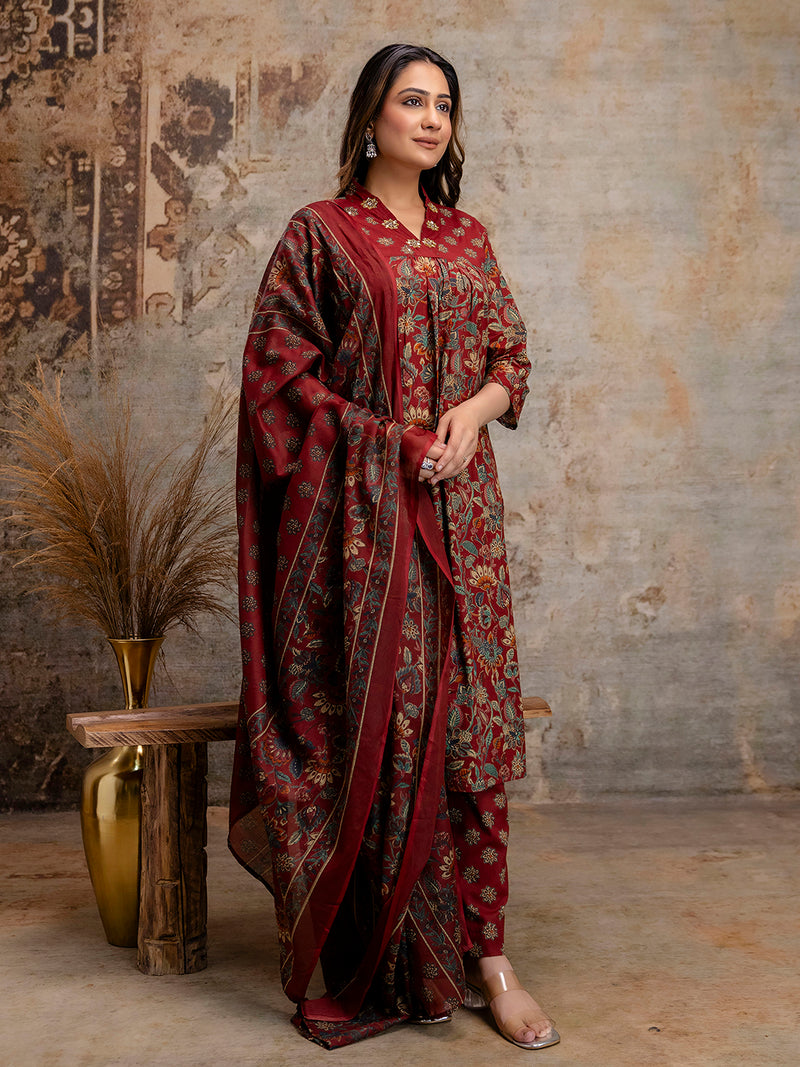 Pure Cotton Red V-Neck 3-Piece Kurta Set with Printed Dupatta