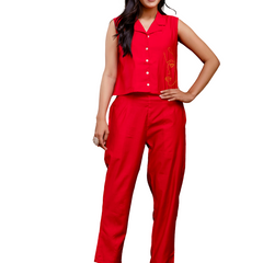 Red Women's Embroidered Co-ord Set - Viscose Fabric Full Sleeve Shirt and Pant