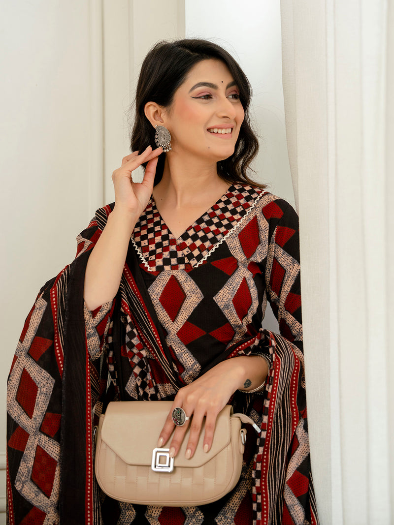 Bordered V-Neck 3-Piece Kurta Set with Ankle-Length Pants & Full-Length Dupatta (M–XXL)