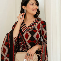 Bordered V-Neck 3-Piece Kurta Set with Ankle-Length Pants & Full-Length Dupatta (M–XXL)