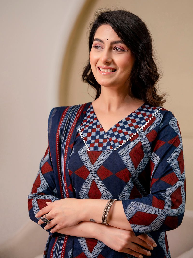 Bordered V-Neck 3-Piece Kurta Set with Ankle-Length Pants & Full-Length Dupatta (M–XXL)