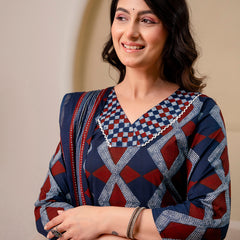 Bordered V-Neck 3-Piece Kurta Set with Ankle-Length Pants & Full-Length Dupatta (M–XXL)