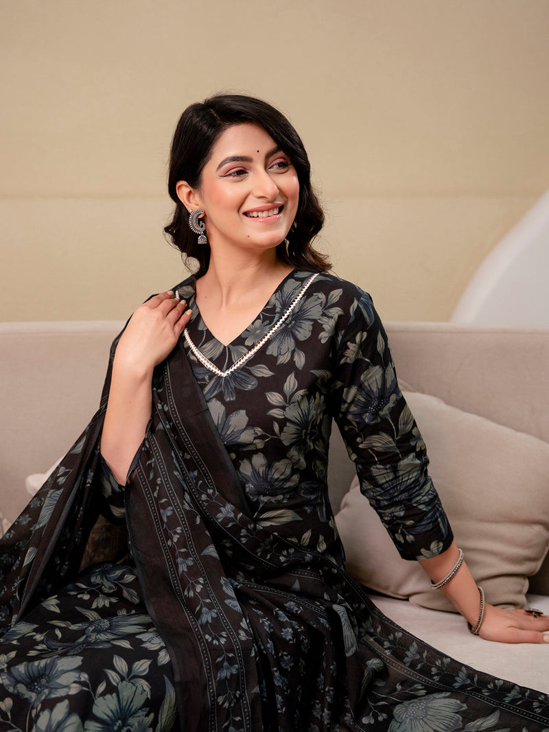 Printed Cotton Kurta Set with V-Neckline, Ankle-Length Pants and Graceful Dupatta