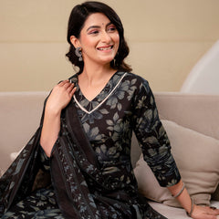 Printed Cotton Kurta Set with V-Neckline, Ankle-Length Pants and Graceful Dupatta