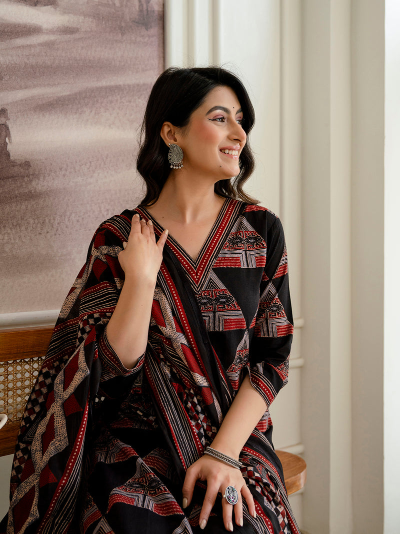 Bordered V-Neck 3-Piece Kurta Set with Ankle-Length Pants & Full-Length Dupatta (M–XXL)