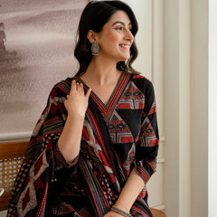 Bordered V-Neck 3-Piece Kurta Set with Ankle-Length Pants & Full-Length Dupatta (M–XXL)