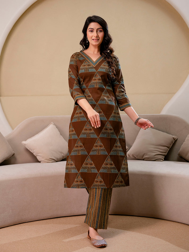 Bordered V-Neck 3-Piece Kurta Set with Ankle-Length Pants & Full-Length Dupatta (M–XXL)