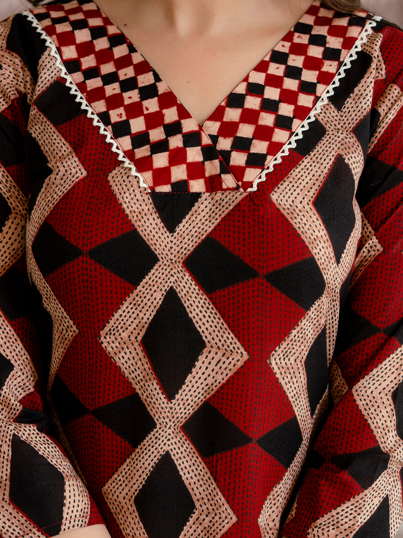 Bordered V-Neck 3-Piece Kurta Set with Ankle-Length Pants & Full-Length Dupatta (M–XXL)