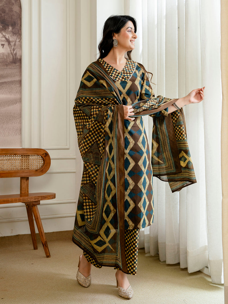 Bordered V-Neck 3-Piece Kurta Set with Ankle-Length Pants & Full-Length Dupatta (M–XXL)