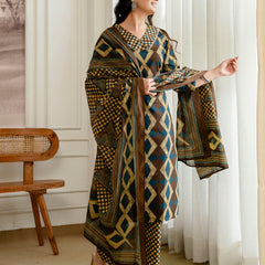 Bordered V-Neck 3-Piece Kurta Set with Ankle-Length Pants & Full-Length Dupatta (M–XXL)