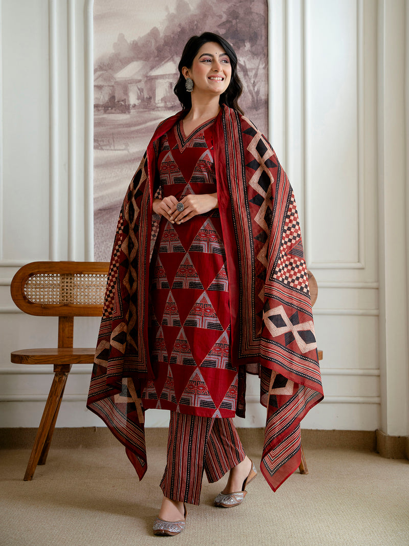 Bordered V-Neck 3-Piece Kurta Set with Ankle-Length Pants & Full-Length Dupatta (M–XXL)