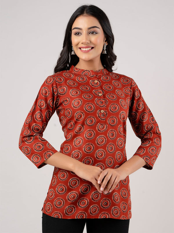 Women Rayon Printed Rust Short Kurti
