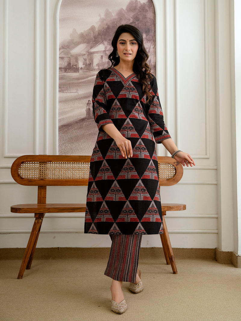 Bordered V-Neck 3-Piece Kurta Set with Ankle-Length Pants & Full-Length Dupatta (M–XXL)