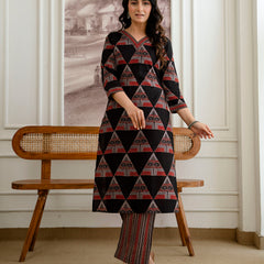 Bordered V-Neck 3-Piece Kurta Set with Ankle-Length Pants & Full-Length Dupatta (M–XXL)