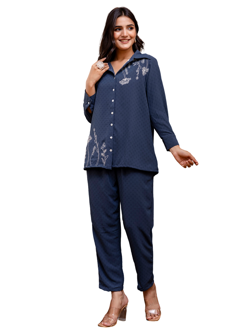Blue Women's Embroidered Co-ord Set - Viscose Fabric Full Sleeve Shirt and Pant