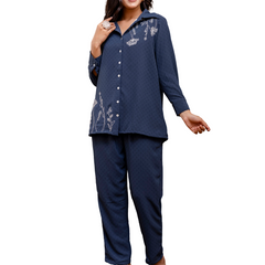 Blue Women's Embroidered Co-ord Set - Viscose Fabric Full Sleeve Shirt and Pant