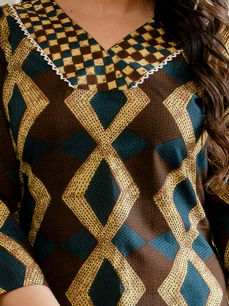 Bordered V-Neck 3-Piece Kurta Set with Ankle-Length Pants & Full-Length Dupatta (M–XXL)