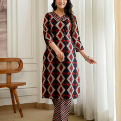 Bordered V-Neck 3-Piece Kurta Set with Ankle-Length Pants & Full-Length Dupatta (M–XXL)